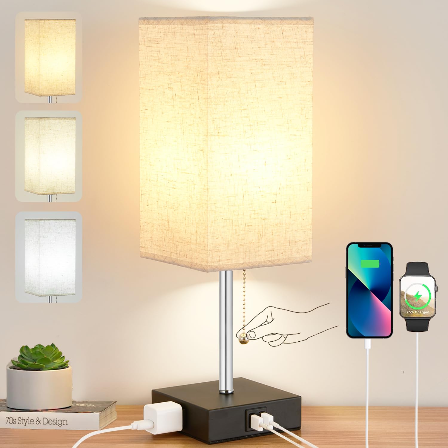 Woderdeng 3-Color Table Lamp For Bedrooms, Bedside Lamps With Usb C+A Ports And Ac Outlet, 2700/3500/5000K Pull Chain Nightstand Lamp,Desk Lamps For Home Office,Living Room