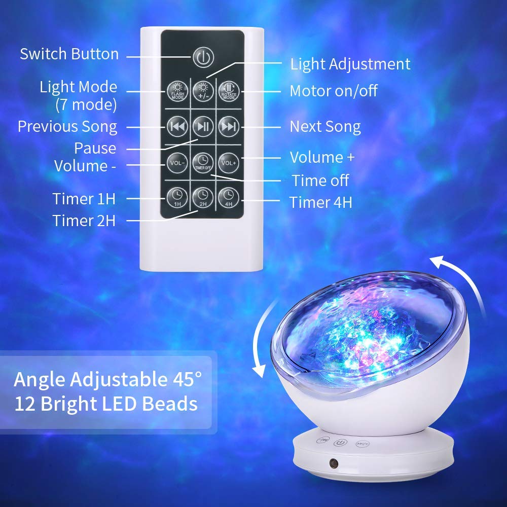 Wiwiwon Ocean Wave Projector, 12Led Night Light Projector, 8 Color Changing Music Night Light Lamp With Remote Control Timer Setting Light Show For Kids Adults Bedroom Living Room Decor（Snow White）