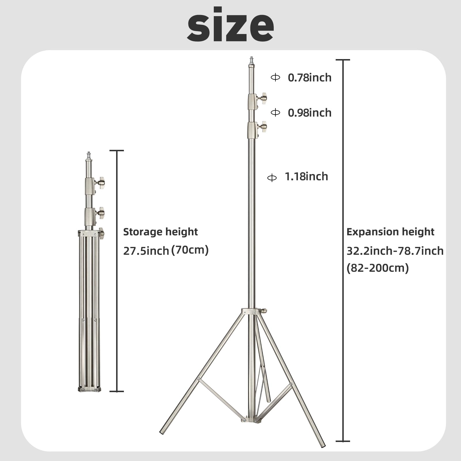 Lapgood Light Stand Photography Stainless Steel - 6.7Ft/2M Light Tripod Stand With 1/4”Screw Adapter,Max Load Bearing 22Lbs/10Kg For Ring Light,Led Video Light,Strobe Light,Speedlight,Softbox,Camera