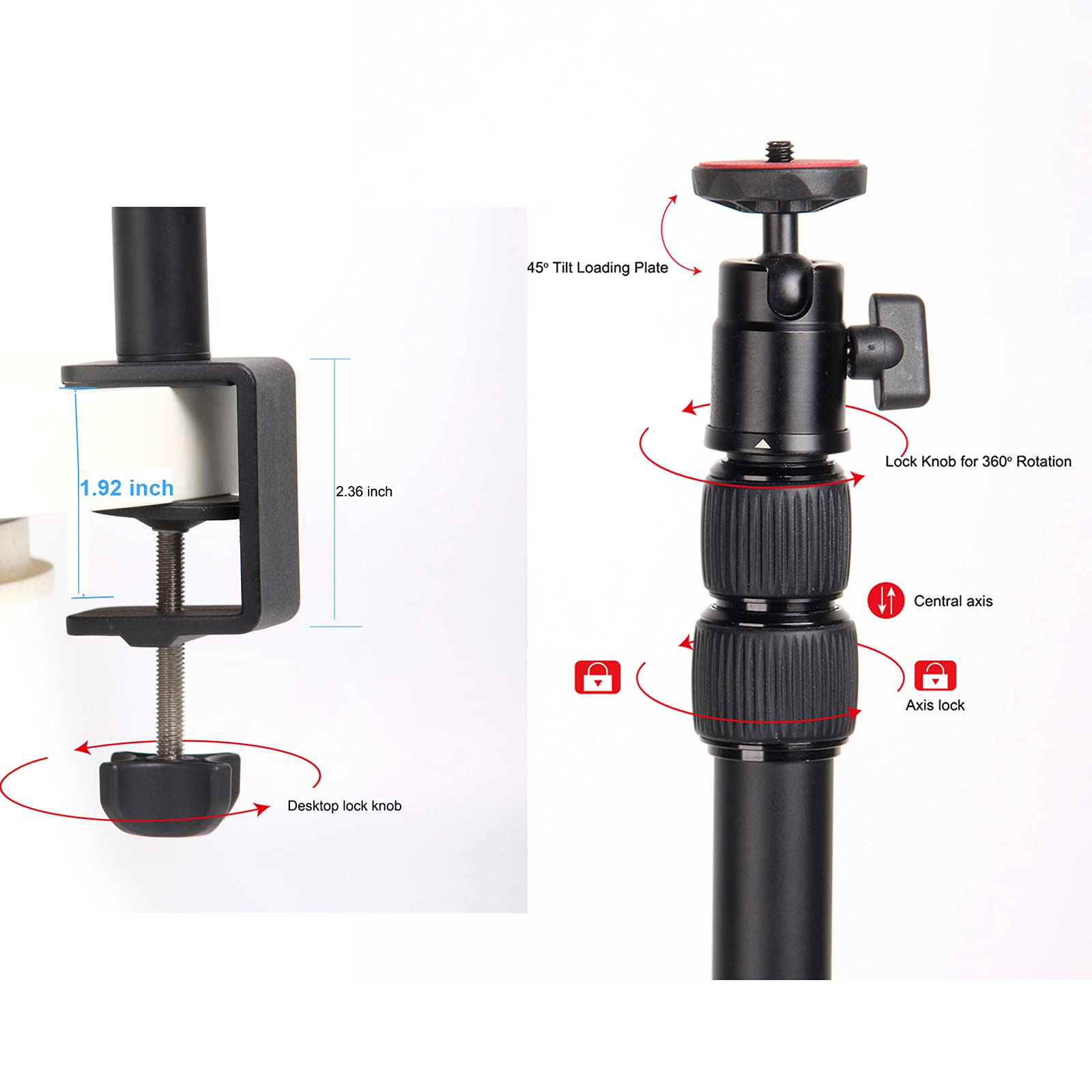 Regetek Desk Camera Mount Desk Mounting Stand With 360°Rotatable Ball Head, 16-33 Inch Tabletop Mount Stand, Aluminum Desktop Light Stand With 1/4 Screw For Dslr Camera, Ring Light, Desk Mount