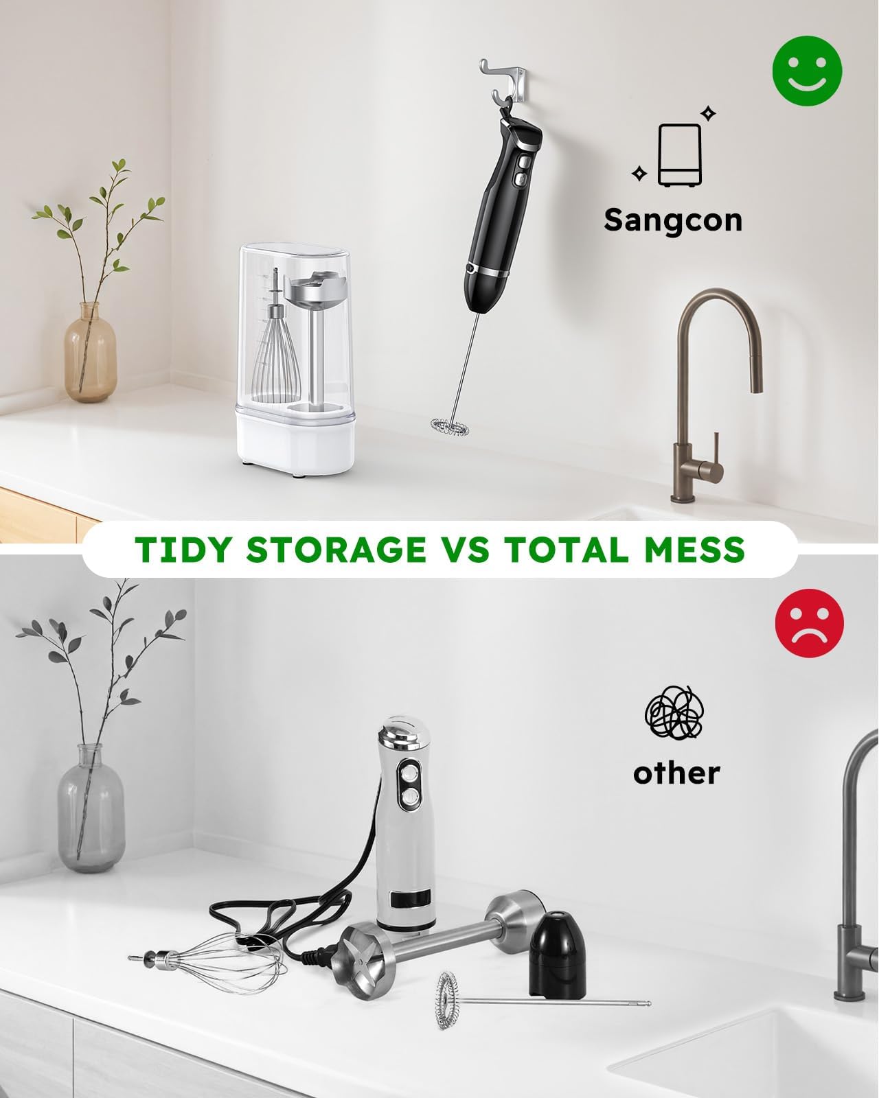 Sangcon Bundled 5-In-1 Immersion Blender Handheld, Hand Blender With 1000Ml Blending Cup Storage Base, 2-Speed Adjustable Stick Blender