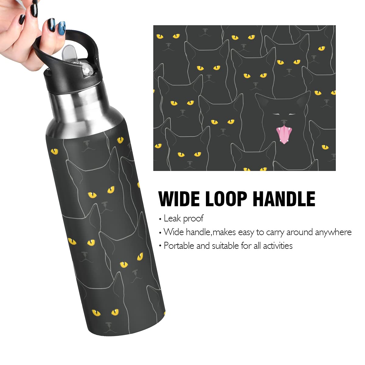 Water Bottle Black Cat Coffee Thermos Stainless Steel Insulated Beverage Container 20 Oz With Straw
