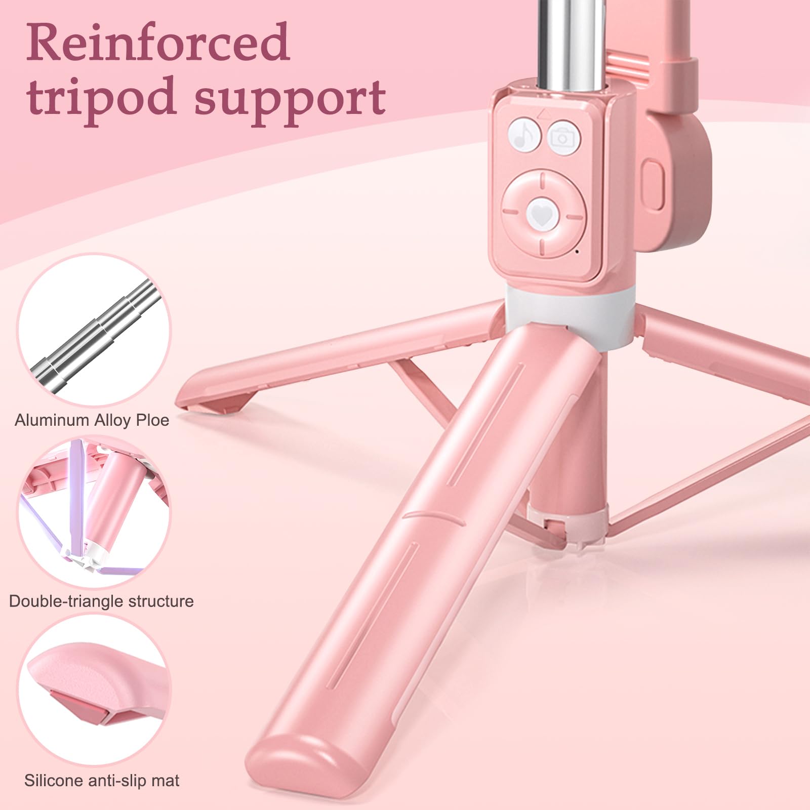 Mouzakon Selfie Stick Tripod With Fill Light, Phone Selfie Stick,Durable Stainless Steel Design,Bluetooth Remote Control,And Stable Three-Legged Support For Live Broadcasts,Video Shooting (Pink)