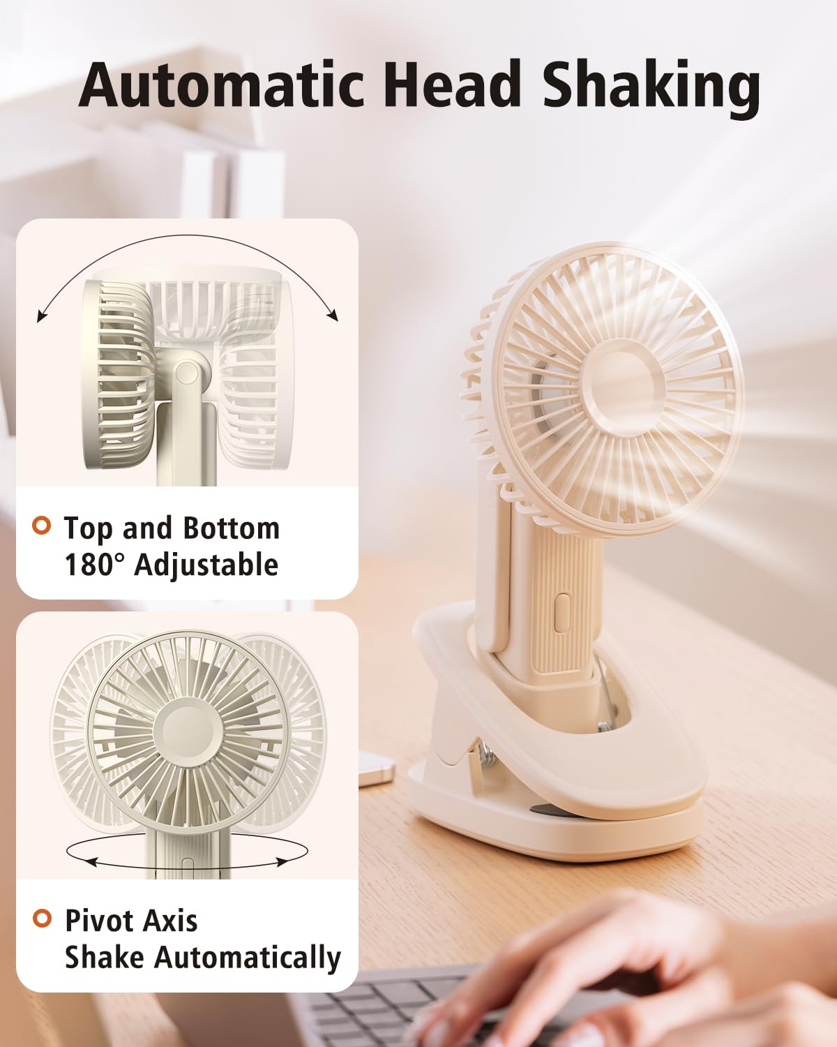 Oatsbasf Handheld Fan With 3 Speeds,90°Auto-Swinging,Ultra-Quiet,Rechargeable Personal Fan With Clip