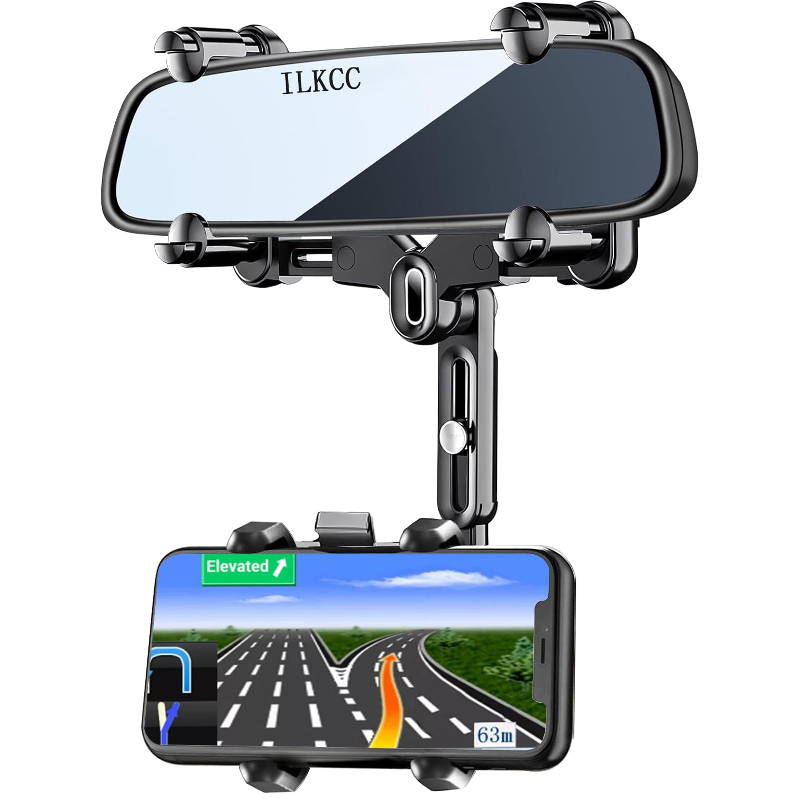 Ilkcc Rearview Mirror Phone Holder For Car, 360° Rotating And Retractable Multifunctional Rear View Phone Mount,  Four Corners Fixed Anti-Shake Fit All Smartphones & Bigger Vehicle