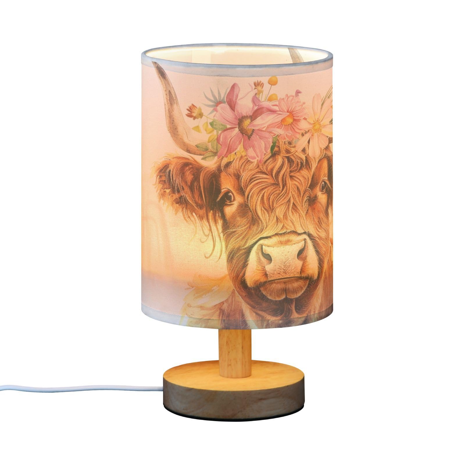 Oarencol Bedside Table Lamp Cute Highland Cow Flowers Nightstand Lamp With Wood Desk Lamps For Bedroom Living Room Nursery Office Home Decor