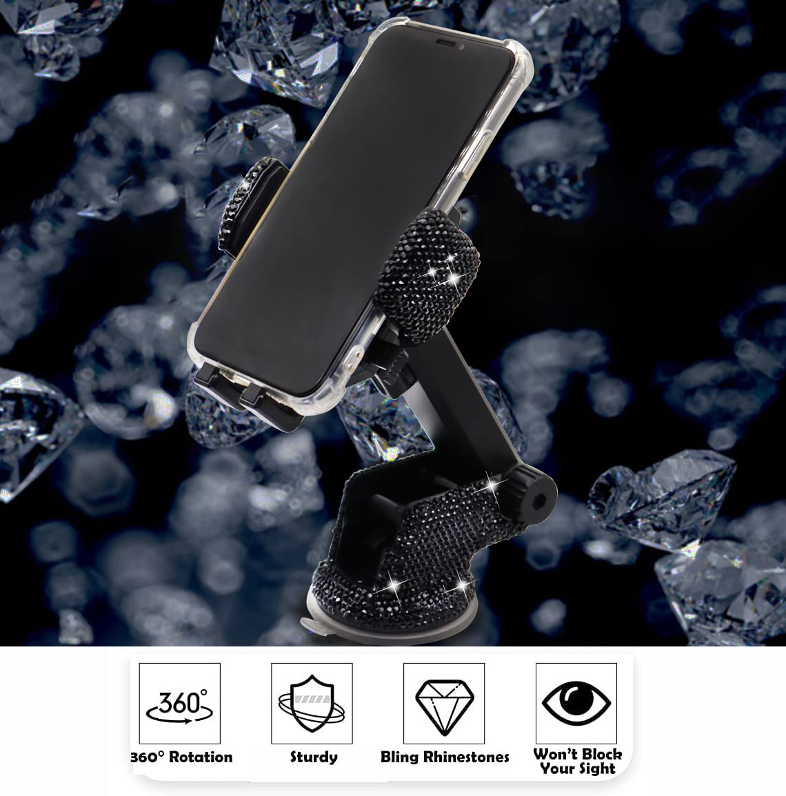 Lycaresun Bling Car Phone Mount Holder,Shiny Crystal Rhinestone Phone Stand For Women And Girls, Car Accessories For Windshield Dashboard,Compatible With Most Cellphones (Black)