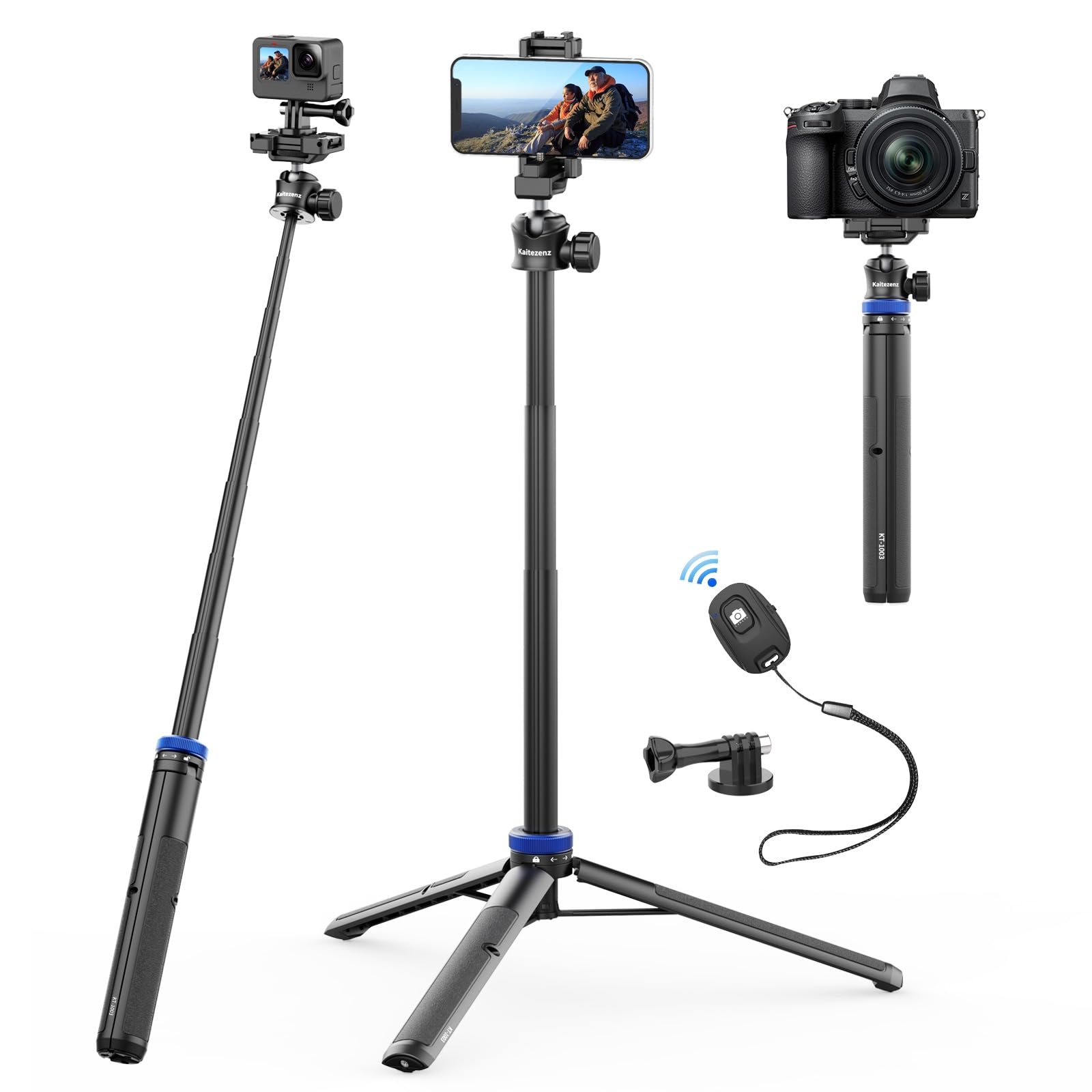 Kaitezenz Selfie Stick Tripod For Gopro Camera, 64" Extendable Stand With 360° Ball Head 1/4" Screw, Portable Lightweight Camera Tripod For Gopro Max Hero 11 10 9 8 7 6 5 Dji Osmo Action Phone