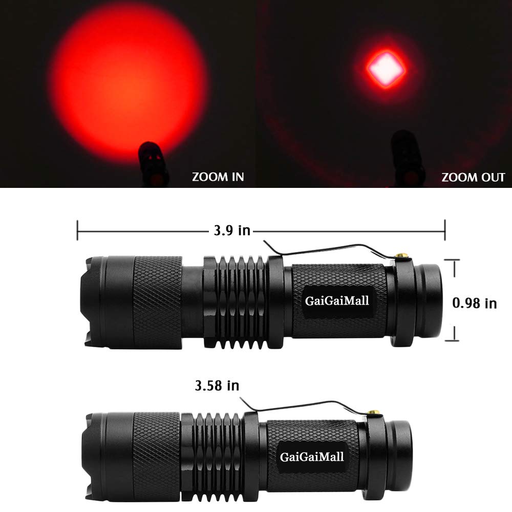 Gaigaimall 4 Pack Red Light Flashlight 3 Modes Zoomable Red Hunting Light With Clip For Astronomy, Aviation, Night Observation