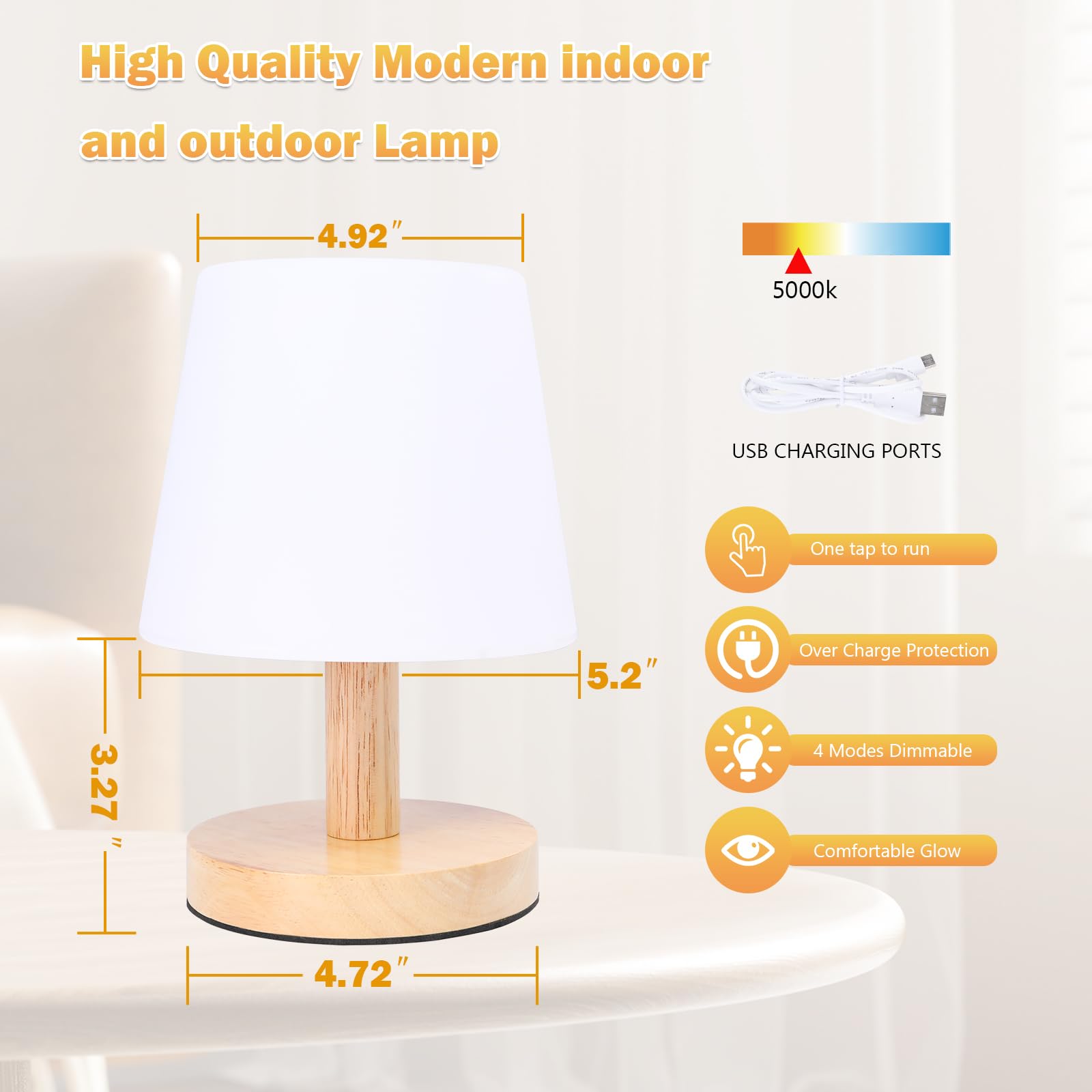Wonder Solar Outdoor Cordless Rechargeable Table Lamp 9" Small 4000Mah Battery Shower Waterproof Table Lamp Touch Control Stepless Lights Portable Bedside Aesthetic Lamps Night Lights For Bedroom Home Decor (Wood)
