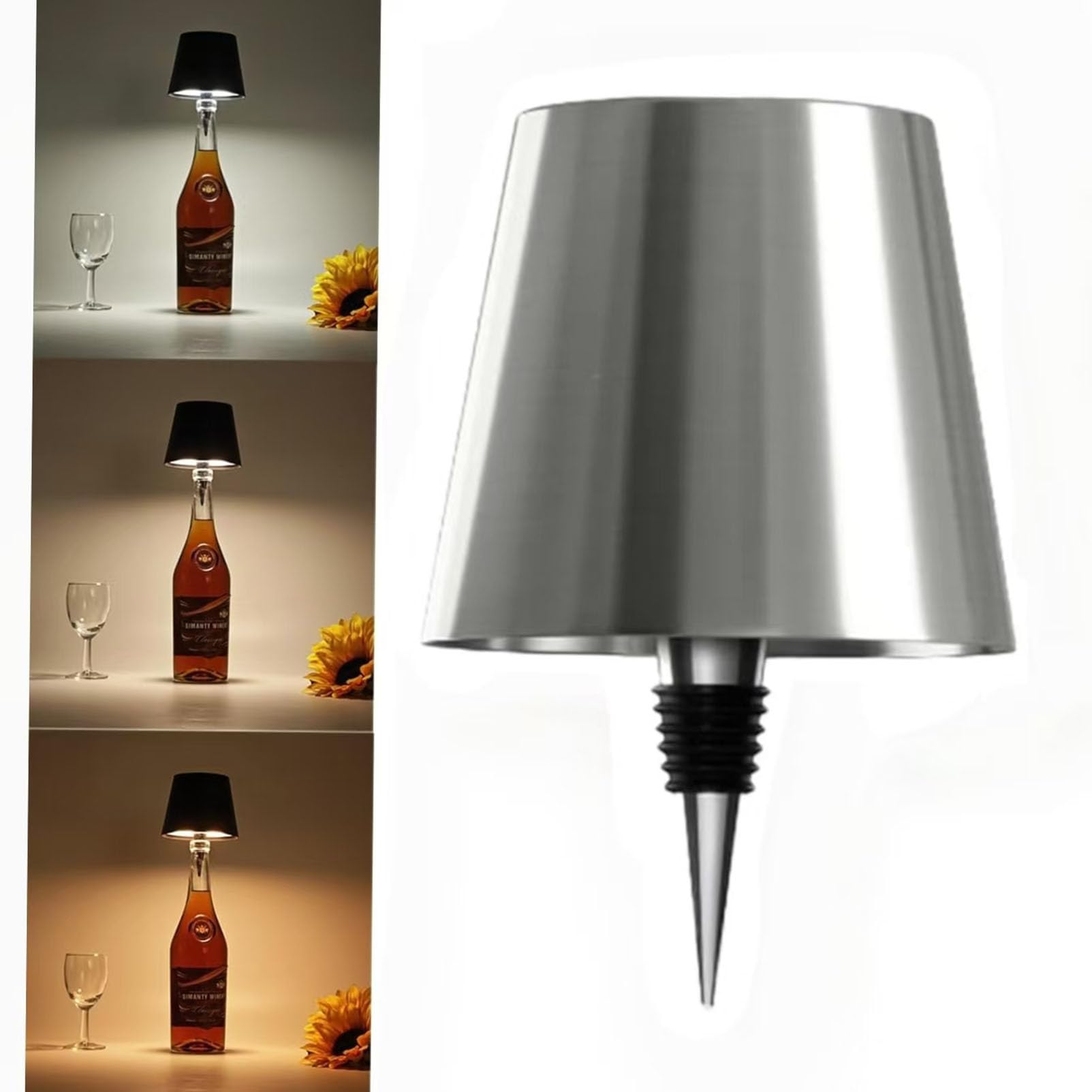 Xugenxes Led Wireless Bottle Light, 3 Color Stepless Dimming Wine Bottle Lamp, Rechargeable Touch Wireless Wine Bottle Lamp For Living Room Home Decor (Silver)