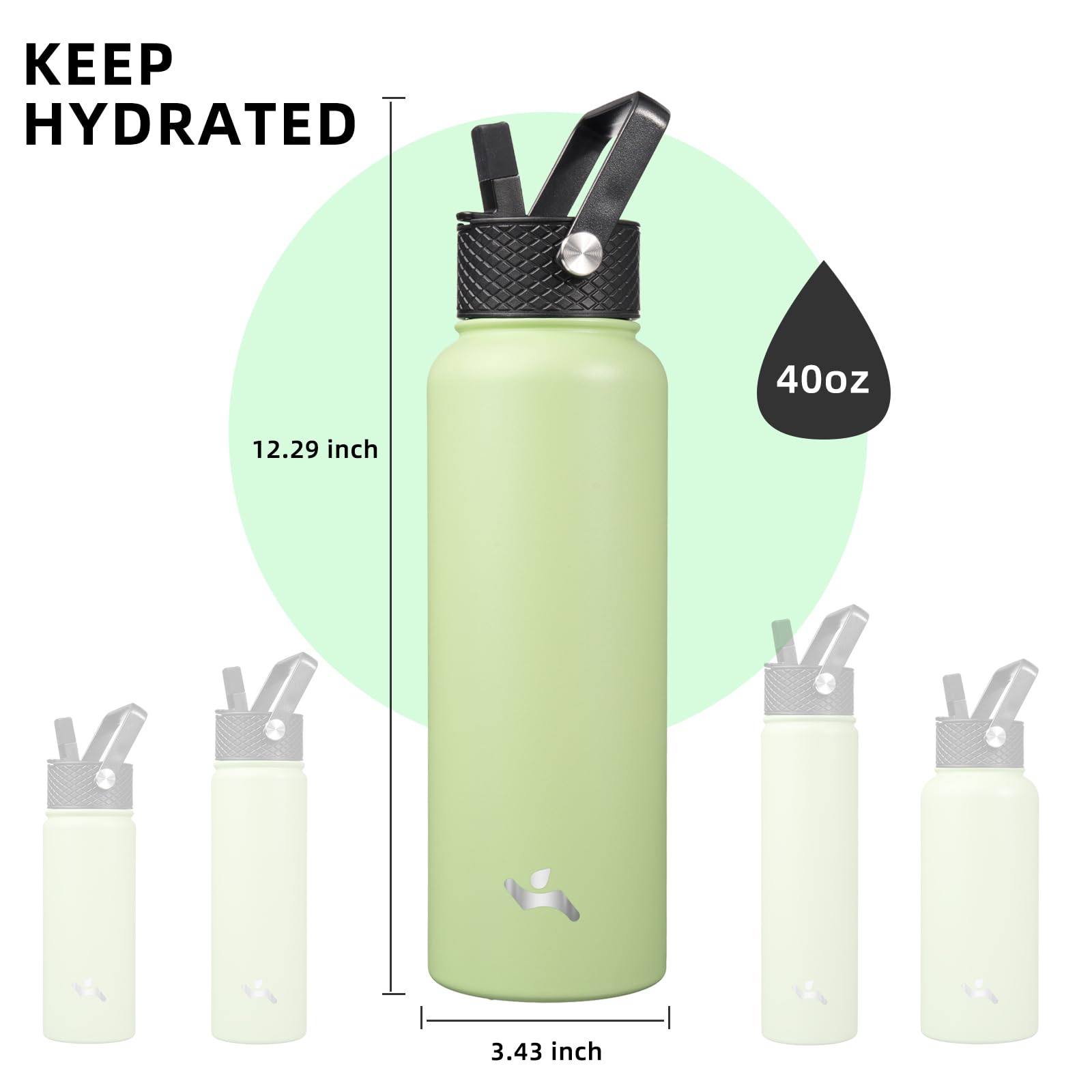 40Oz Insulated Water Bottle Stainless Steel Sport Bottles With 3 Lids,Macaron Green