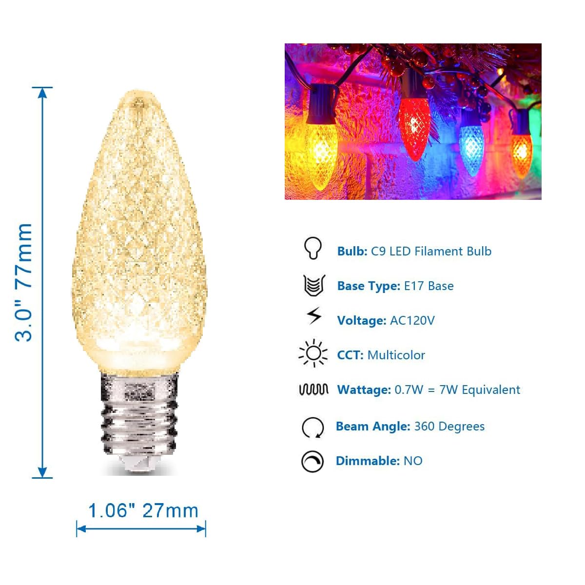 Venusop 25 Pcs C9 Led Warm White Shatterproof Plastic Replacement Light Bulbs,E17 Intermediate Base, Dimmable Holiday Bulbs, Strawberry Bulbs For Outdoor Indoor Backyard Christmas String Lights (Warm White)