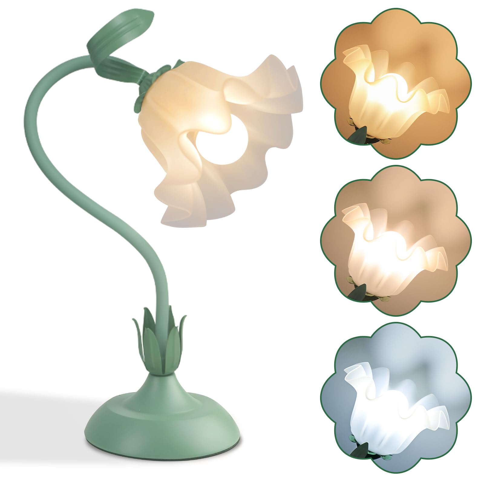 Loxphyn Vintage Flower Bedside Desk Lamp, 3 Color Modes With E26 Bulb, Small Led Unique Gooseneck Cute Table Lamp For Living Room, Modern Night Light For Kids Bedroom Decor, Girls Reading, Office, Green