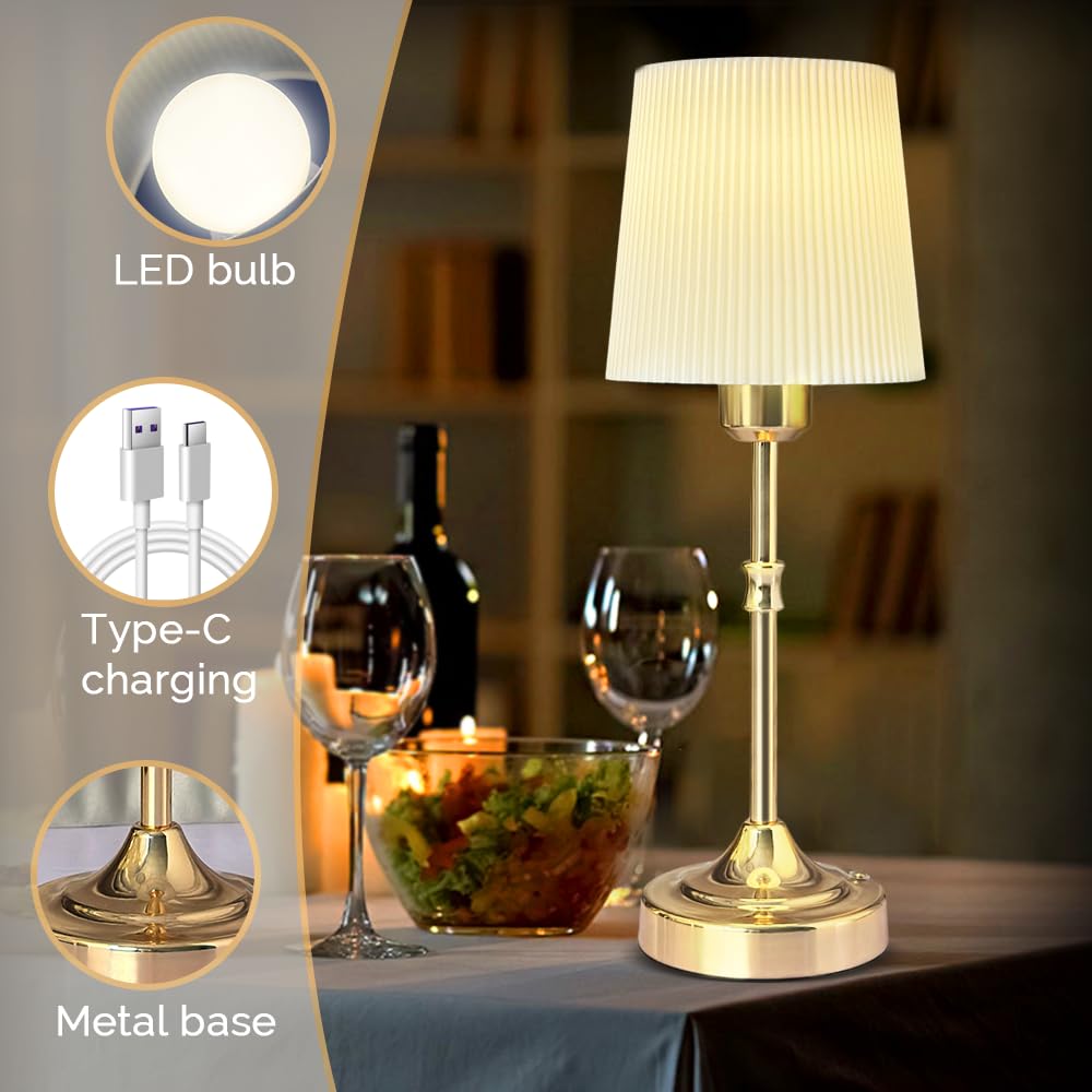 Leroxo Cordless Led Metal Table Lamp, Portable Fabric Shade Desk Lamp, 3-Level Brightness, Touch Sensor Control, Rechargeable Bedside/Nursery/Dining Room Lamp (Gold)