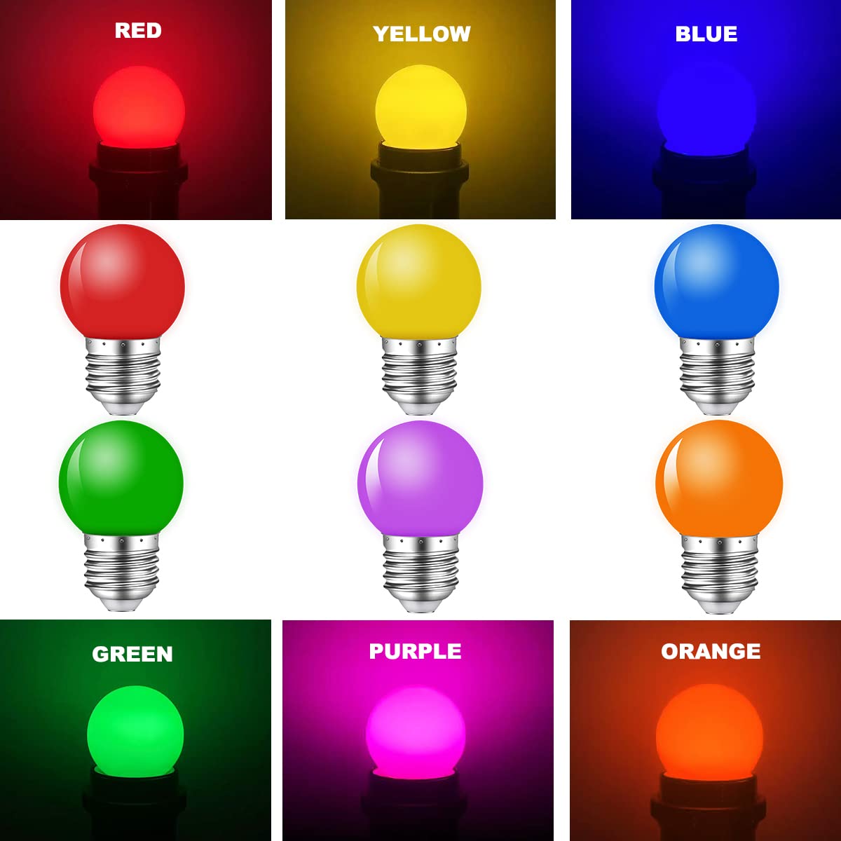 Mzyoyo Colored Light Bulbs,1W Led G45 E26 Light Bulb,Red Green Blue Orange Yellow Purple Mixed Colours,For Halloween Bedroom Holiday Party Decoration String Light Bulbs Replacement,6 Pack