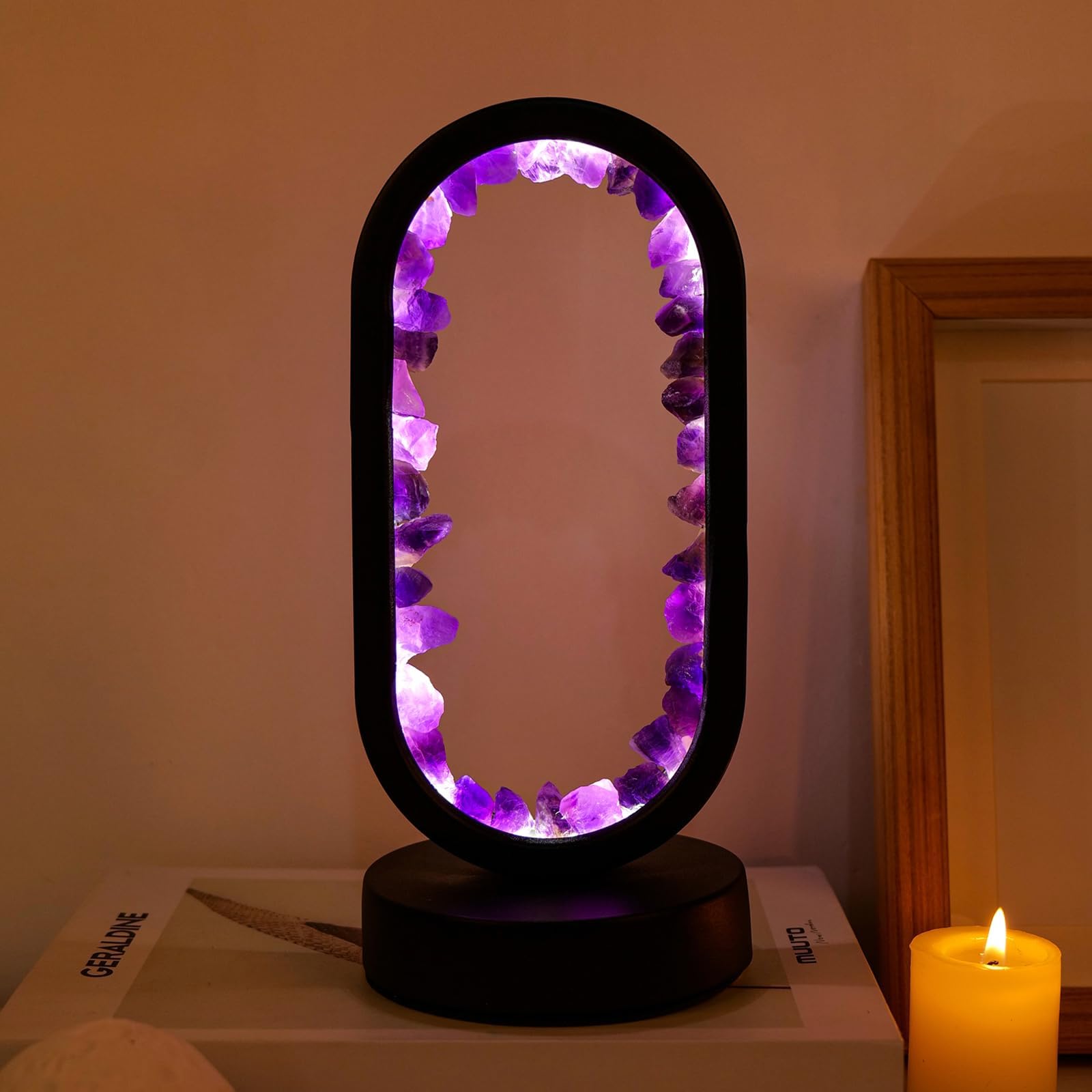 Runyangshi Crystal Lamp Amethyst Raw Stone Ellipse Night Lamp Natural Healing Crystal Night Light Table Lamp Base Usb Port 3 Colours Mode For Bedroom Bedside Lamp Office Home Decor