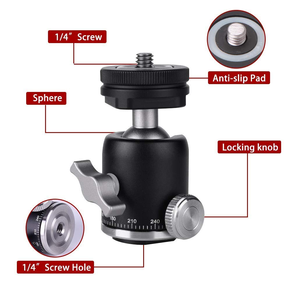 Fayeegin Camera Tripod Mini Ball Head Mount With Cold Shoe - Metal Professional Panoramic Ballhead 360° Pan 90° Tilt Tripod Mount Adapter With 1/4" Screw For Dslr Camera/Light Stand/Cell Phone/Monopod/Gopro