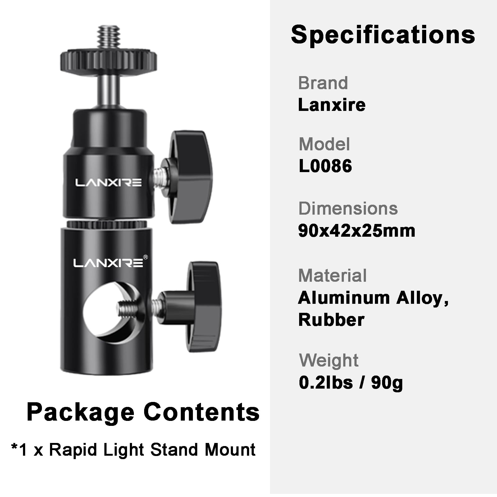 Lanxire Light Stand Mount Adapter With 1/4’’ Screw Mini Ball Head - Compatible With Camera Monitor, Ring Light, Fits Flat Head Light Stand, Boom Arm - Max Load Up To 4.4Lb/2Kg
