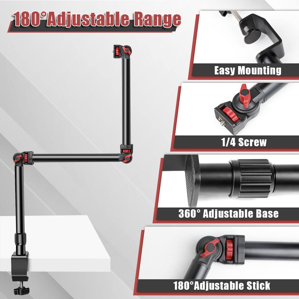 Foutoukeep Overhead Camera Mount With 1/4“ 3/8" 5/8" Screws, Adjustable 3-Section Camera Desk Mount With 180° Range & 360° Base Dslr Camera Stand