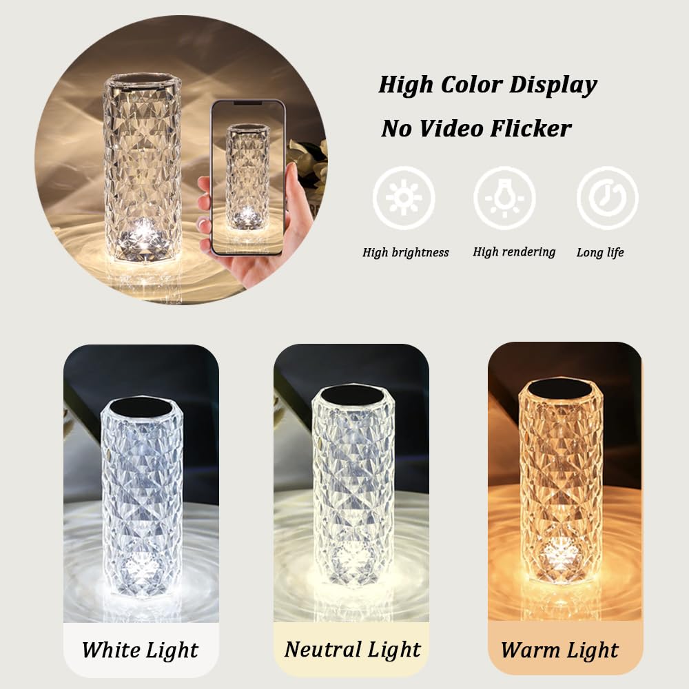 Leroxo Portable Crystal Table Lamp, 3-Color Touch Control Rechargeable Night Light, Bedside & Desk Lamp For Bedroom, Living Room, Kitchen & Dining Room (3-Color Rose)