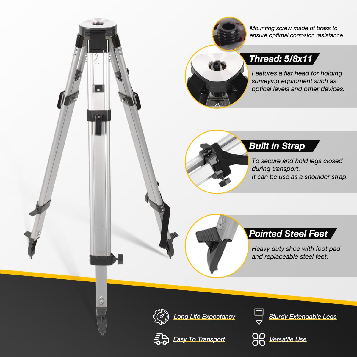 Mountlaser Lightweight Aluminum Surveying Tripod 62.2" With 5/8-Inch 11-Threaded Flat Head And Dual Lock，9 Ft Dual Sided Telescopic Aluminum Grade Rod For Precise Construction Measurement,Land Surveying
