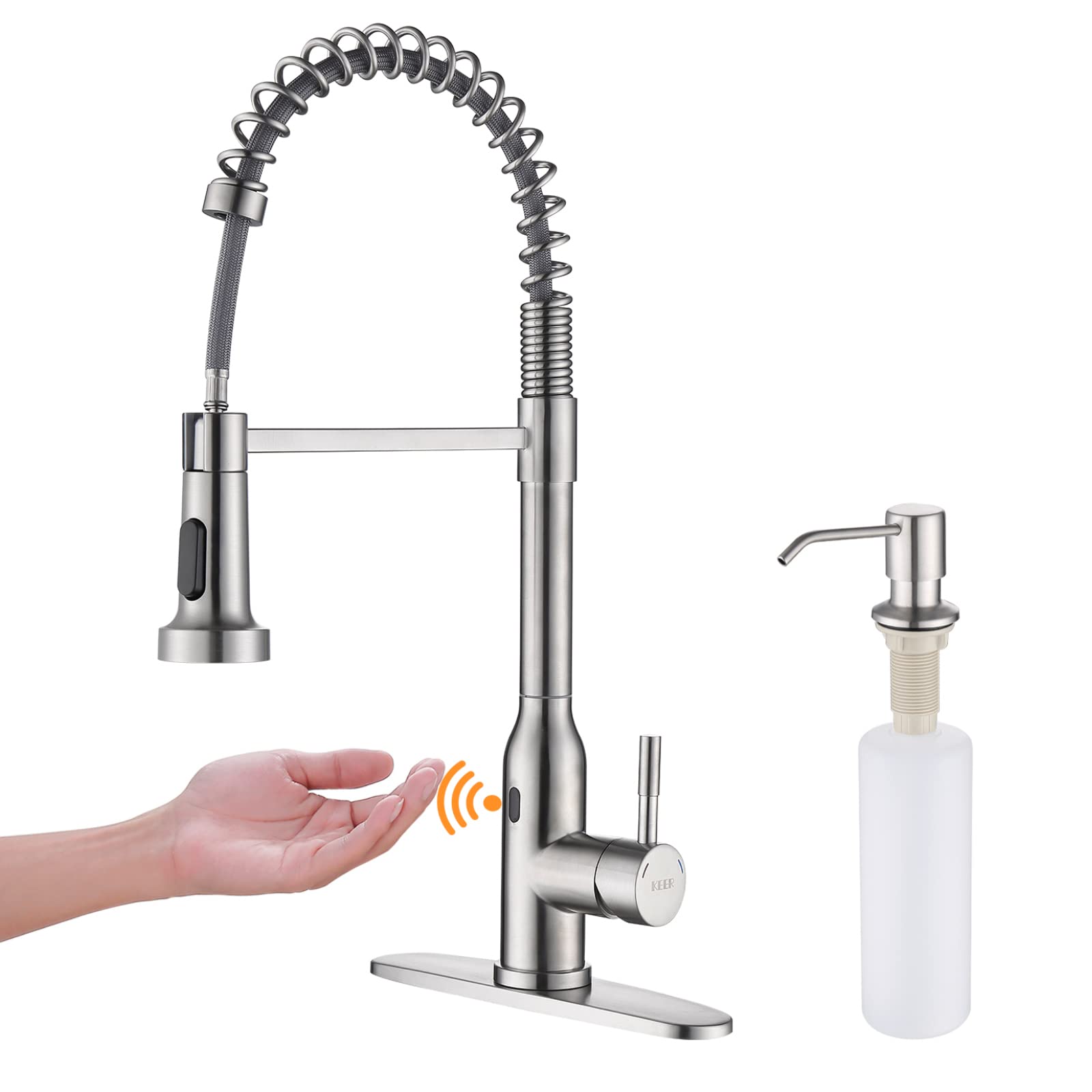 Keer Touchless Kitchen Faucet,Smart Motion Sensor Hands  Single Handle Spring Kitchen Sink Faucet With Pull Down Sprayer,Brushed Nickel