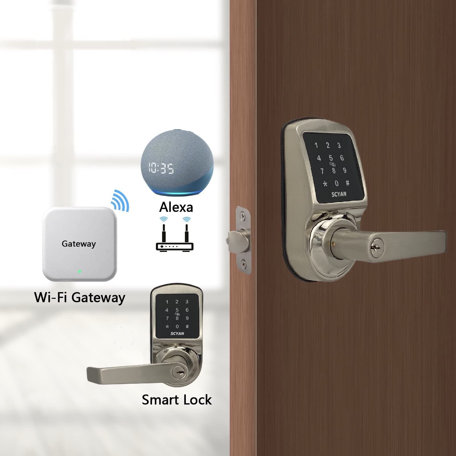 Scyan Smart Door Lock, Keyless Entry Door Lock, X2 Handle Lock With Touchscreen Keypad Access, Auto Locking, For Home, Airbnb Rental House, Satin Nickel
