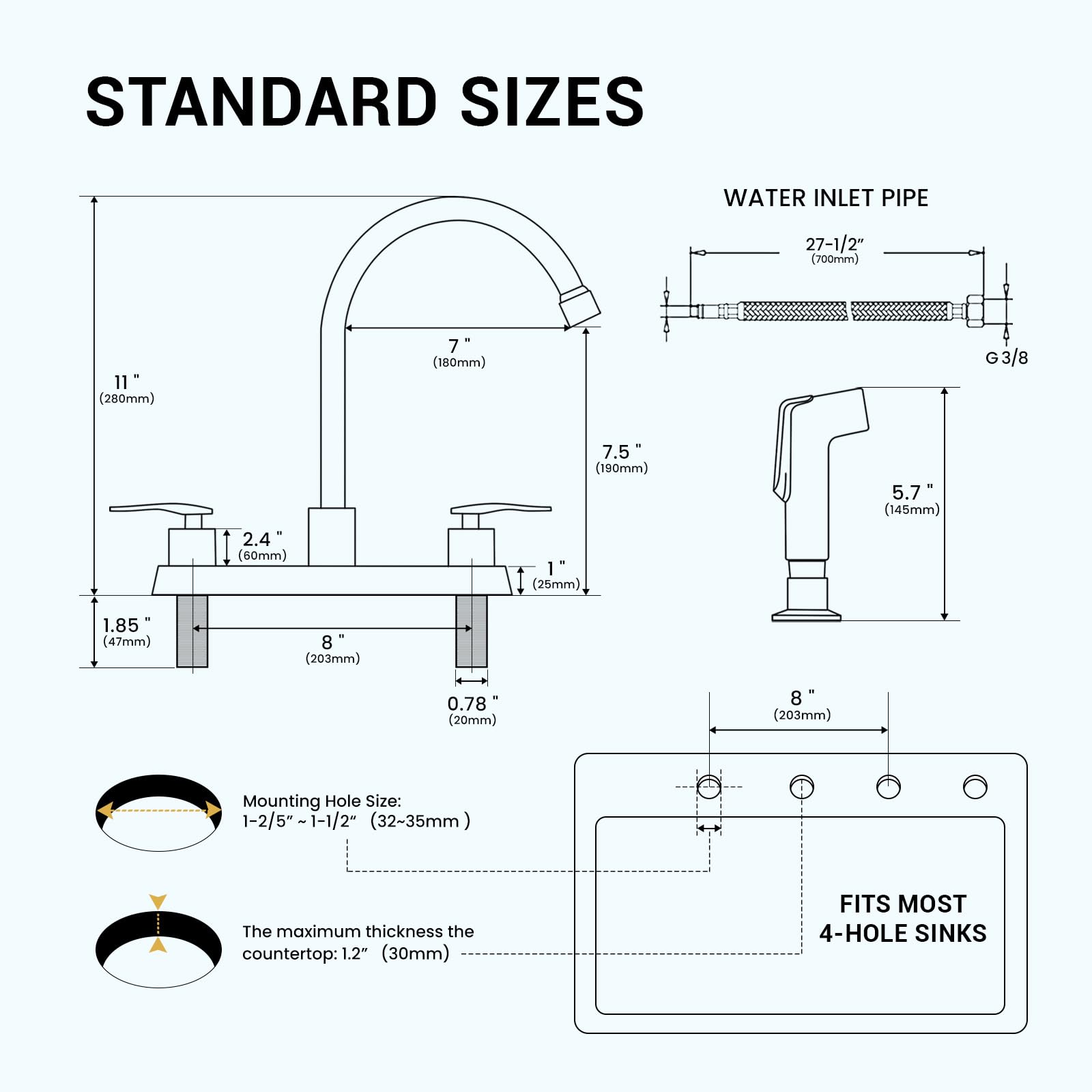 Blylund Kitchen Faucet With Side Sprayer, Brushed Nickel High Arc 8 Inch Centerset 2 Handles Stainless Steel Kitchen Sink Faucets For 4 Holes, Commercial Rv Laundry Utility Kitchen Faucet