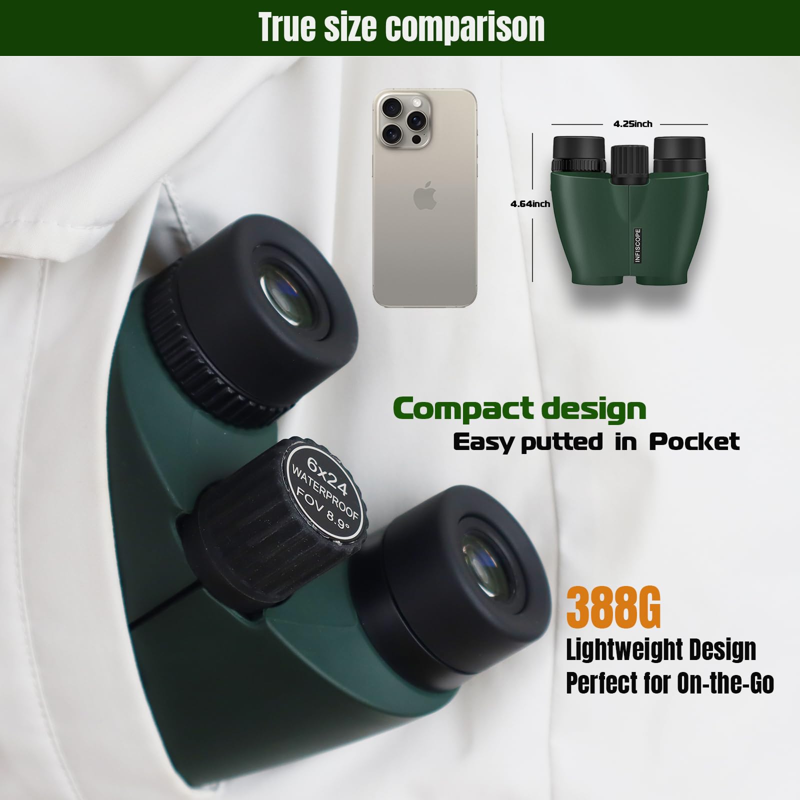 Infiscope 6X24 Compact Binoculars Hd - 0.5M Close Focus Waterproof Fog-Proof Ipx7,Bak-4 Prism Binoculars For Bird Watching, Hunting & Travel, Twist-Up Eyecups & 388G Lightweight For Adults/Kids