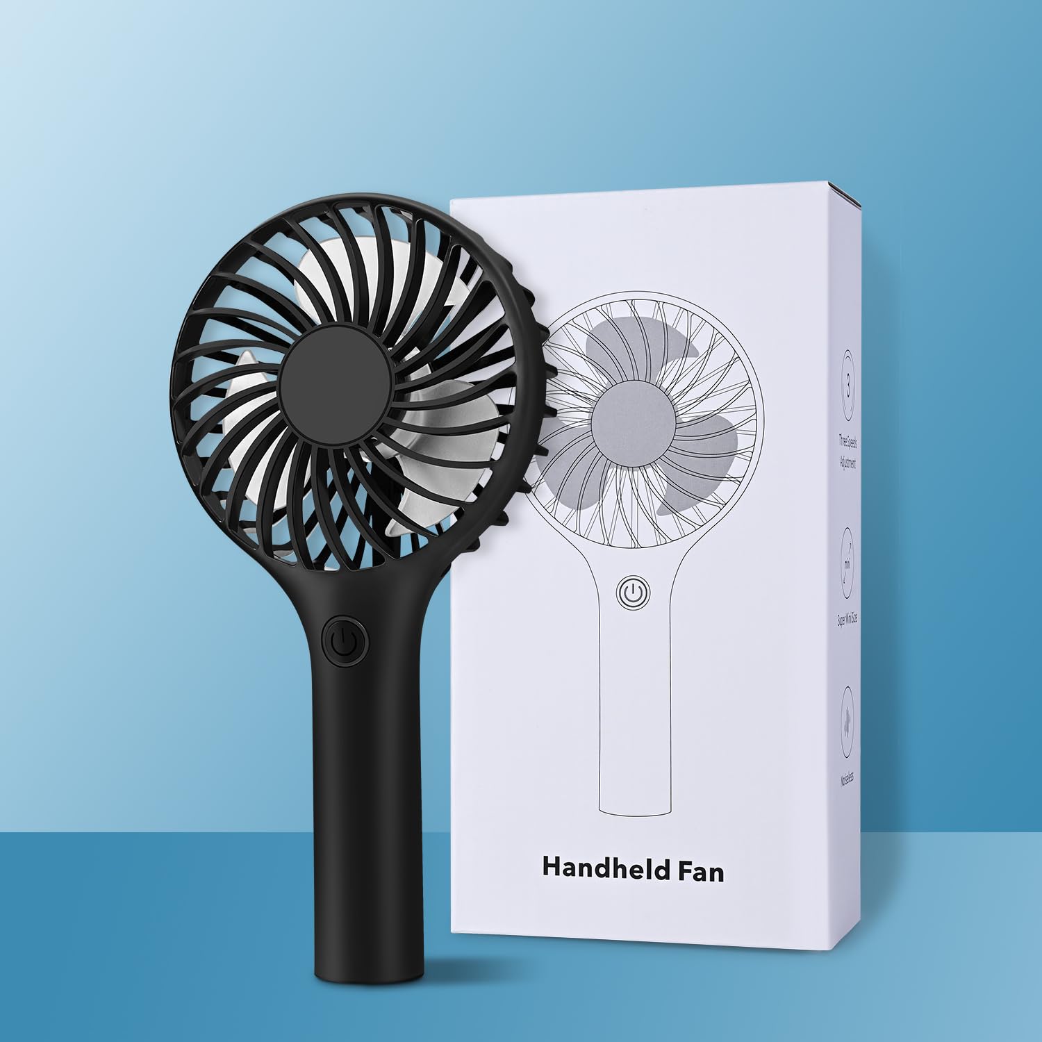 Portable Ambandier handheld fan with 3 speeds, compact size, and large battery for all-day cooling
