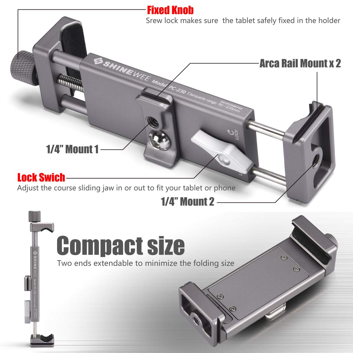 Shiee Full Metal Tablet Tripod Holder – Compatible With Ipad Mini, Air, Pro 1/4" Screw & Arca Dovetail Mounts Universal Tablet Clamp Adapter