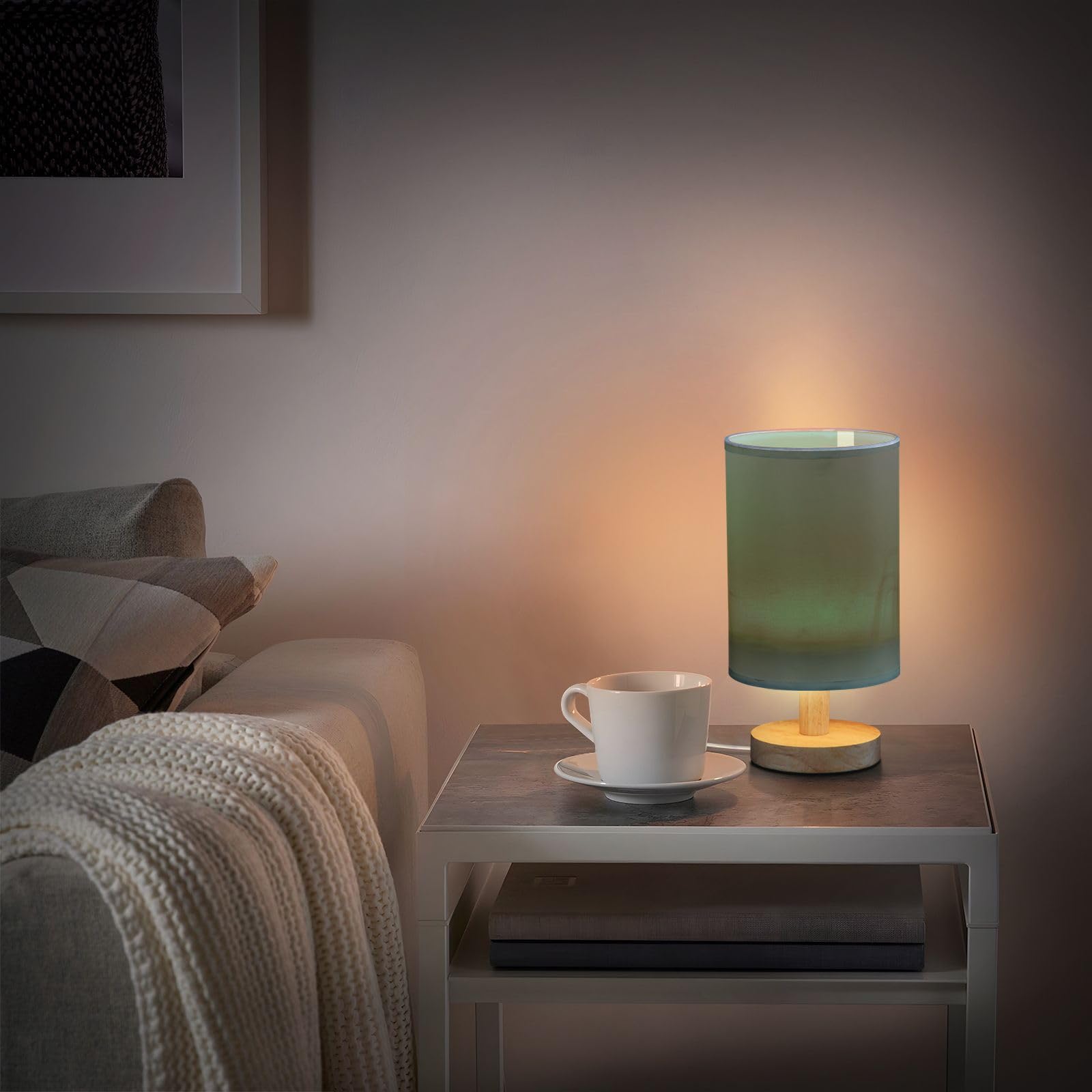 Kigai Bedside Table Lamp Small Led Table Lamp Nightstand Lamp With Linen Round Lampshade Side Table Lamp For Livingroom Bedroom Office Reading Working, Bulbs Included, Dark Green