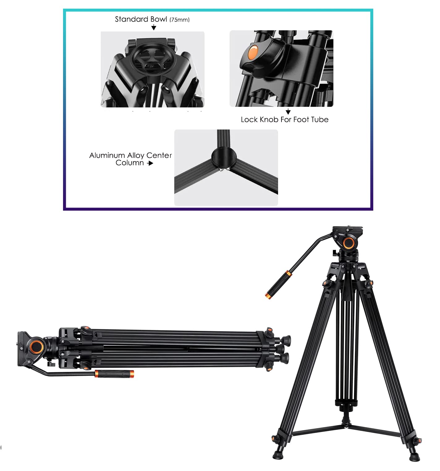 Digital Nc Professional Quad Tube Aluminium 72" Tripod (Fluid Head) For Canon Eos Rebel T6I