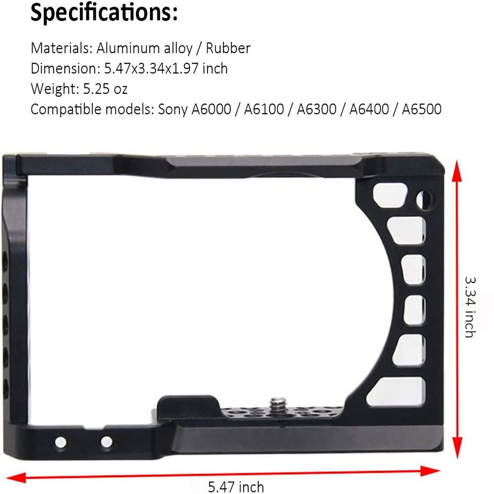 Easy Hood Camera Cage For Sony Alpha A6100 A6400 A6300 A6500 A6000, Aluminum Vlogging Video Shooting Rig Stabilizer With 1/4" 3/8" Mounting Points And Cold Shoe For Mic Monitor Fill Light