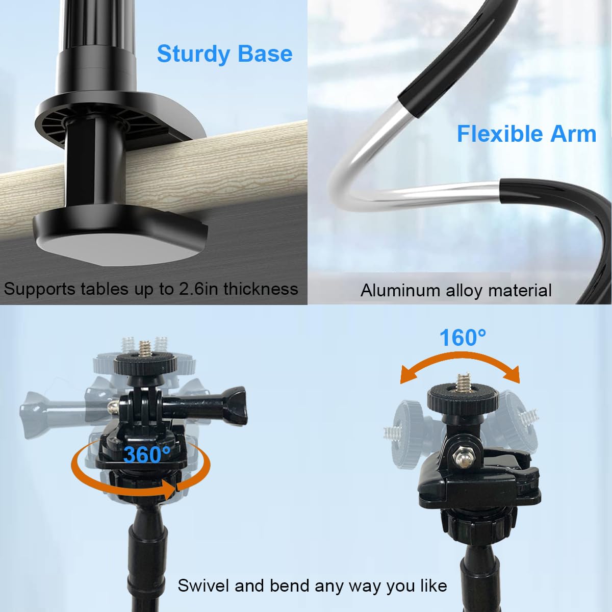 Jcwiny 30 Inch Webcam Stand Camera Mount, Thick Base Flexible Gooseneck Camera Stand Desk Webcam Mount Clamp For Logitech Webcams C930E C930 C920 C922X C922 Brio 4K C925E C615, Gopro Hero 8 7 6 5 4