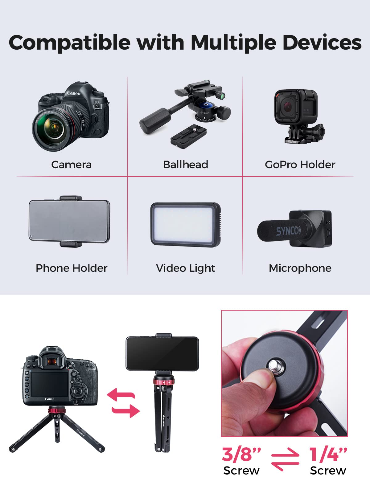 Moman Mini Camera Tripod, Tabletop Short Tripod Desktop Tr01 With 1/4 And 3/8 Screw Mount And Function Leg Cnc Aluminum Tripod For Dslr Camera/Gopro/Video/Camcorder, Max Payload Of 176 Lbs/80Kg, Red