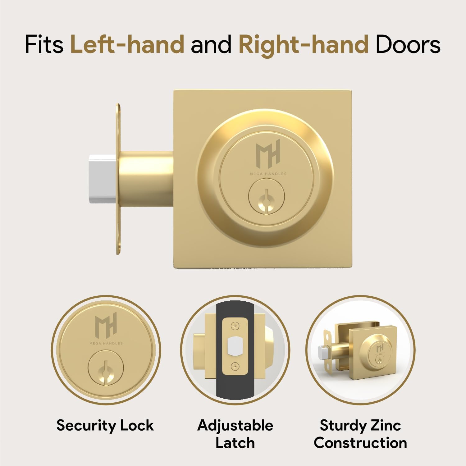 Mega Handles - Suana Heavy Duty Square Locking Deadbolt - Left/Right Handed - Interior/Exterior - Satin Brass