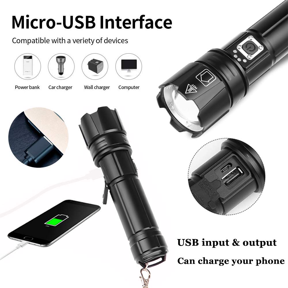 Proforus Handheld Flashlight 8000 Lumens, Xhp70.2 Led Flashlight High Lumens Usb Rechargeable Utility Flashlight High Powered Flashlights Torch Zoomable 5 Modes With Power Display And Usb Output