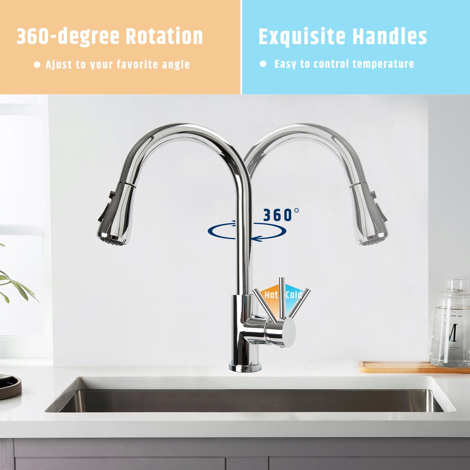 Blovtoo Polished Chrome Kitchen Faucet With Pull Down Sprayer For Single Hold And 3 Hole, Commercial High Arc Single Handle Kitchen Faucet With Deck Plate For Kitchen Sink, Sus 304 Stainless Steel