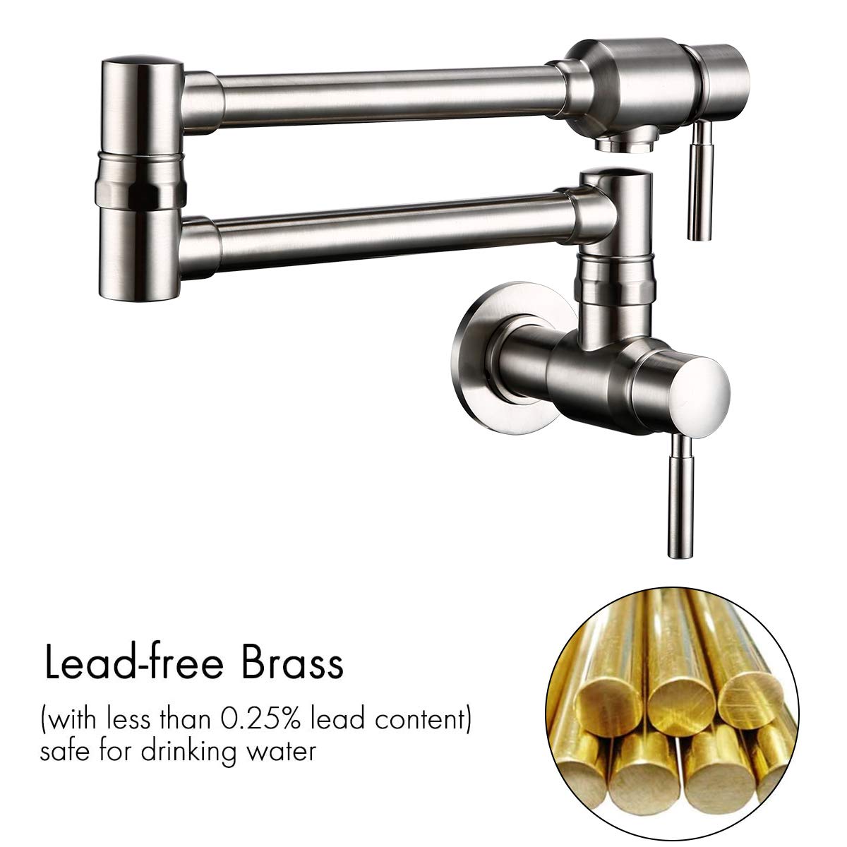 Bagnolux Pot Filler Faucet Stainless Steel, Wall Mount Pot Filler Kitchen Faucet Cold Water Only Double Lever Handle With Dual Joint Swing Arm Brass Stove Faucet, 23.4'', Stainless Steel