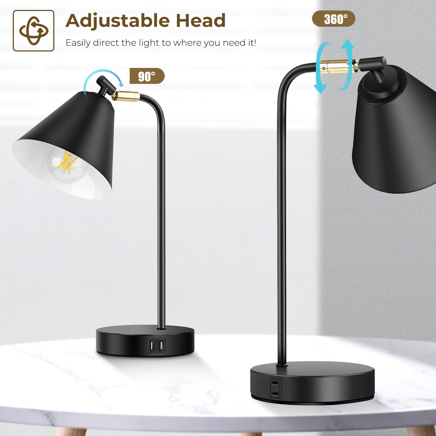Brightever Industrial Dimmable Desk Lamp With 2 Usb Charging Ports Ac Outlet, Touch Control Bedside Nightstand Reading Lamp Flexible Head, Black Metal Table Lamp For Bedroom Office Living Room, Bulb Included