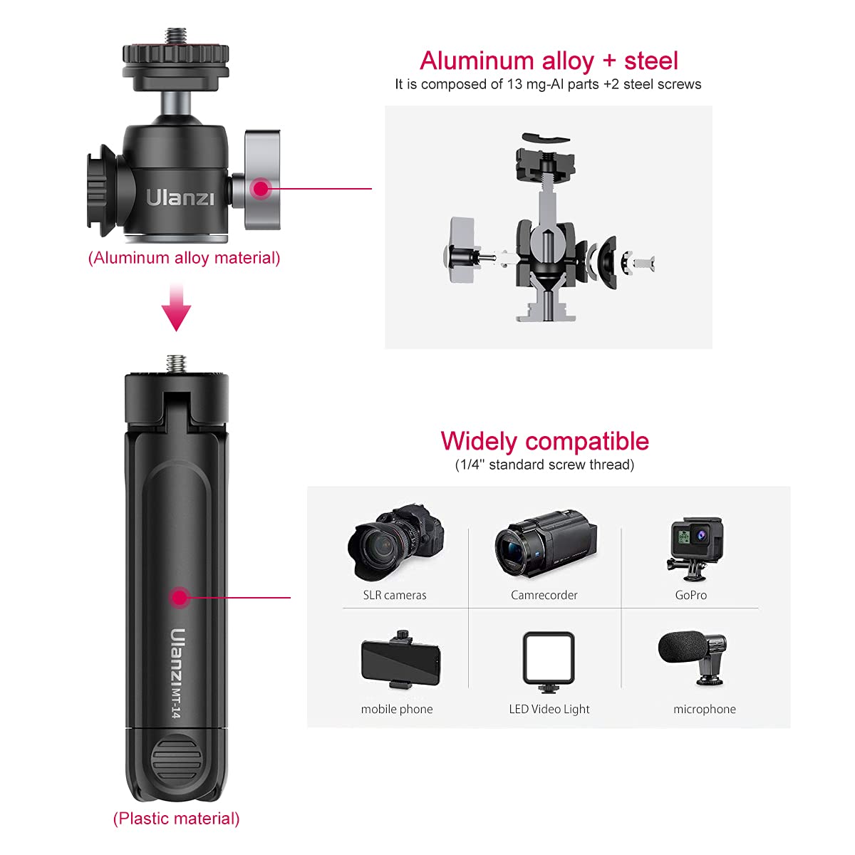 Ulanzi Mini Camera Tripod With 360° Ball Head & Cold Shoe, Extendable Small Selfie Stick Tabletop Tripod Stand Handle Grip For Camera Iphone 11 Canon G7X Mark Iii Sony Zv-1 Rx100 Vii A6600 Vlogging