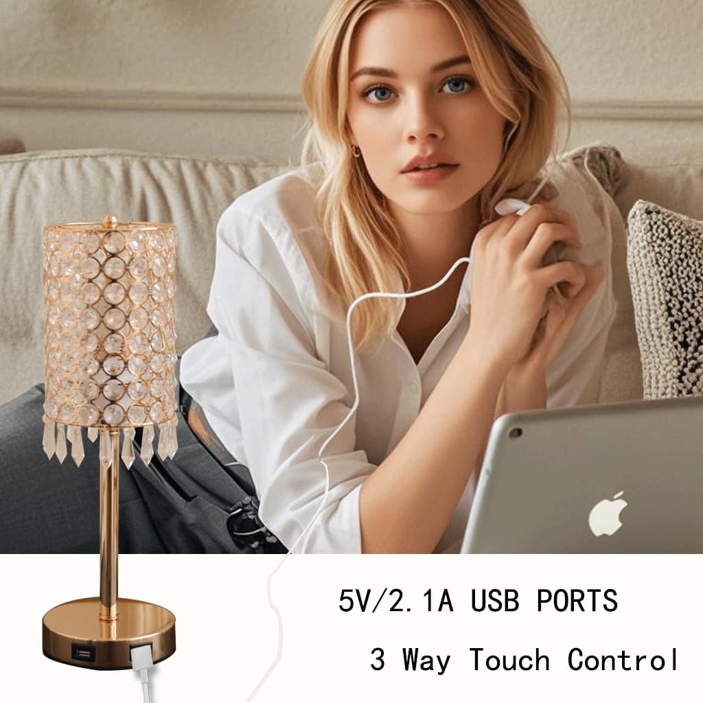 Cotulin Crystal Table Lamp,Small Gold Lamp For Living Room With Usb Ports, 3 Way Dimmable Touch Lamp With Crystal Shade, Bedside Nightstand Gold Accent Lighting For Living Room Bedroom Home Office