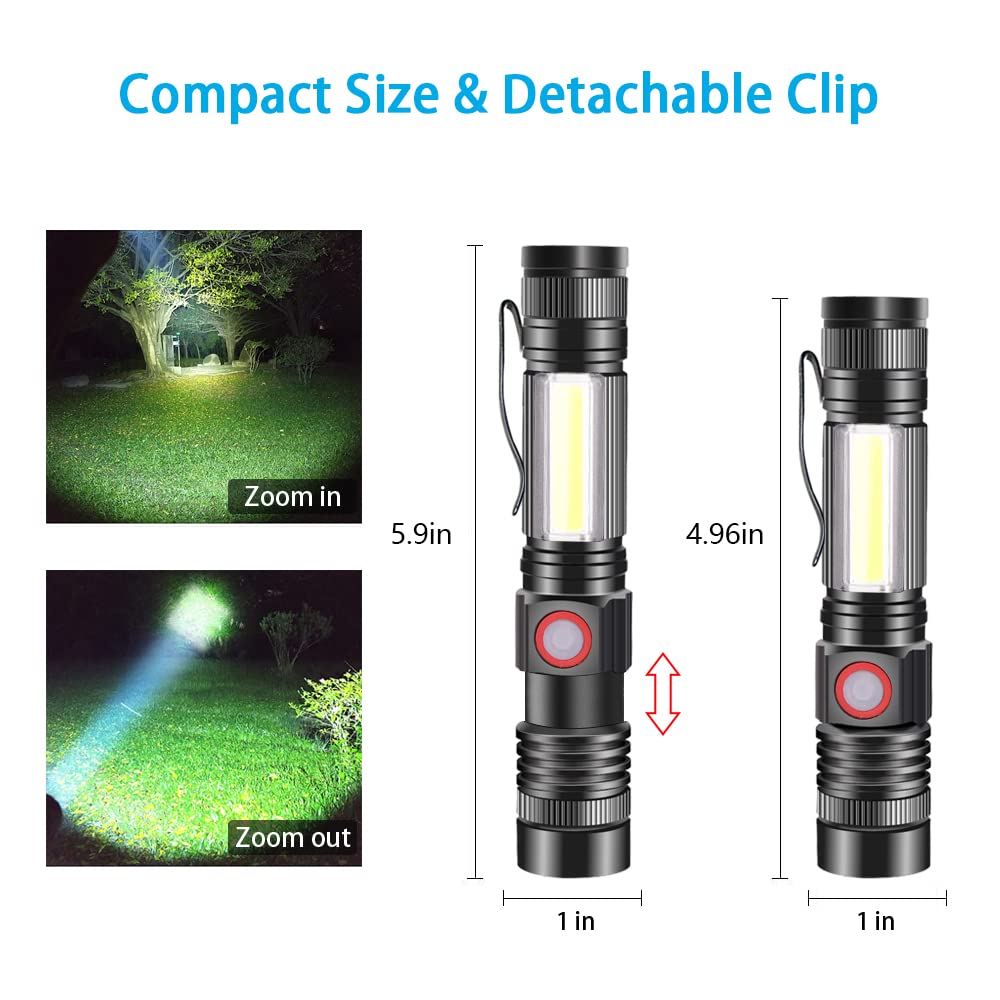 Itoncs Led Rechargeable, 2000 Lumens Super Bright Magnetic Flashlight With Cob Work Light, Waterproof, 4 Modes, Pocket Utility Flashlights For Outdoor Camping Emergency 2 Packs