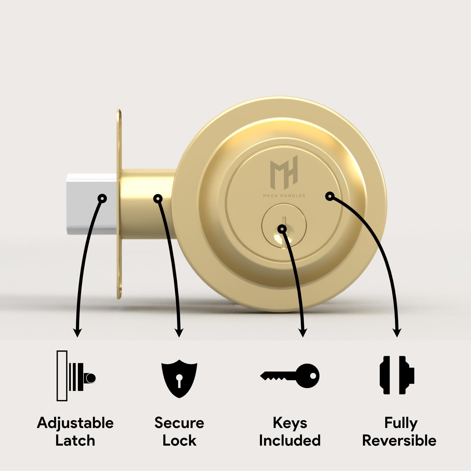 Mega Handles - Buena Deadbolt I Entry Deadbolt Lock - Heavy Duty Round Locking Deadbolt For Left Or Right-Handed Doors - Interior/Exterior - Satin Brass