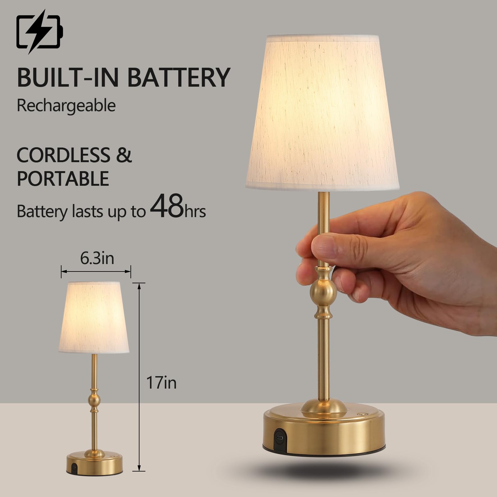 Meixisue Cordless Rechargeable Led Table Lamp,Nightstand Lamp,Antique Brass Portables Outdoor Desk Lamp,With10000Mah Battery Dimmer,For Bedroom Bedside Balcony Camping Bar Rv Home Decor