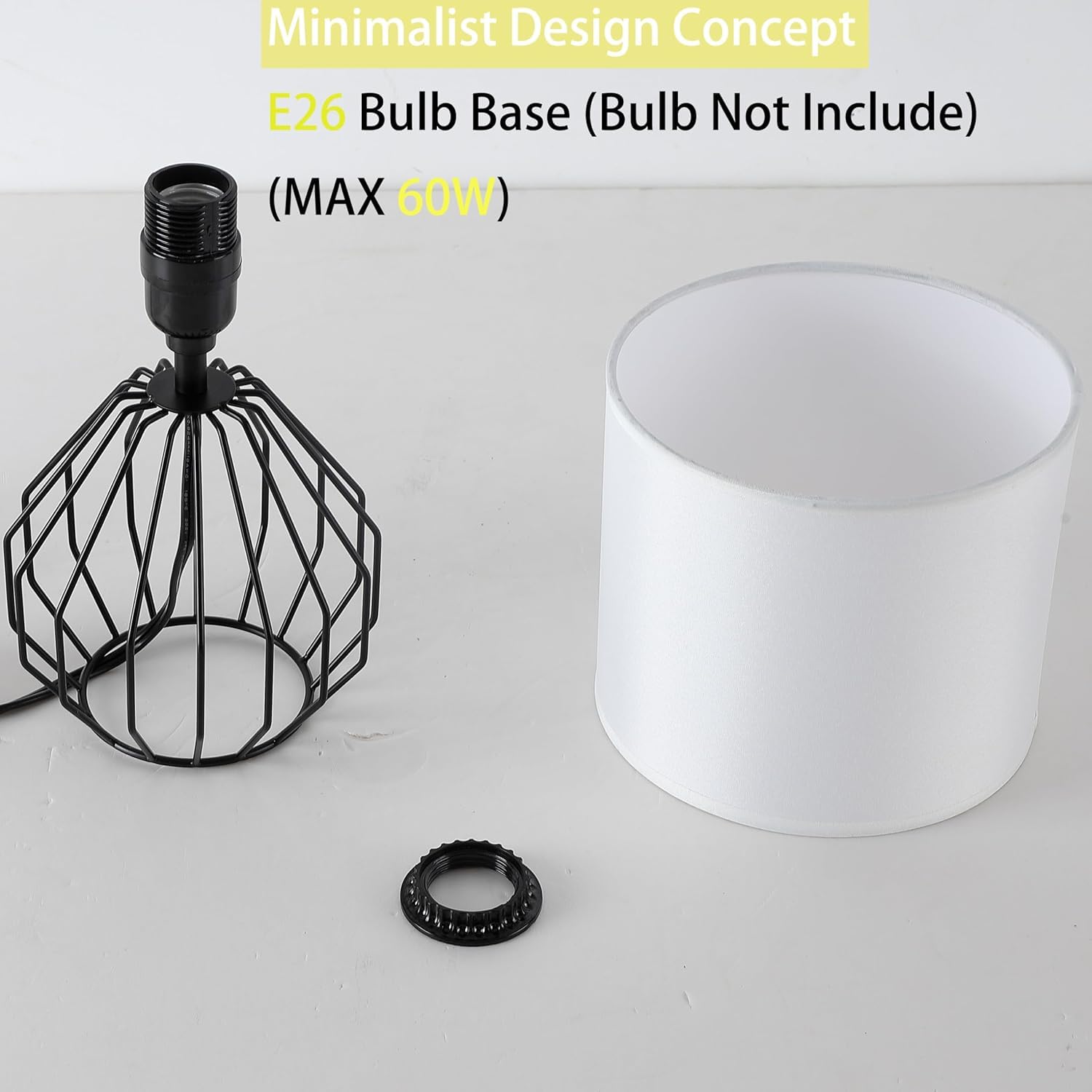 Krasty Small Black Table Lamp,Bedside Nightstand Desk Lamps With White Fabric Shade, Hollow Metal Base,Modern Geometric Lamp For Bedrooms,Living Room,Office,Entryway,Coffee Table,Kids Room