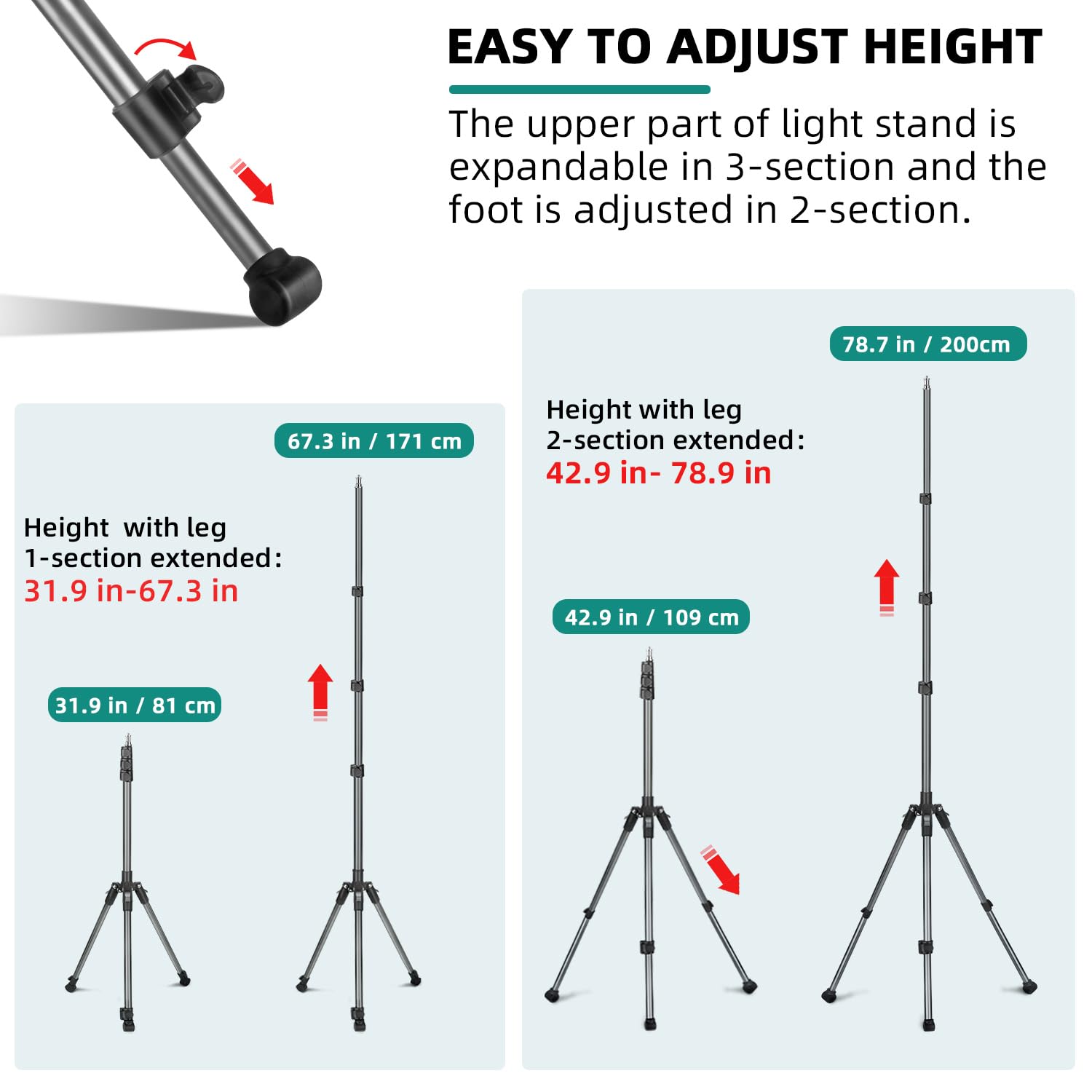 Jebutu Extendable Photography Light Stand, Adjustable 6.6Ft/2M Aluminum Light Tripod Stand For Travel, Reversible Portable Studio Lighting Tripod For Ring Light Camera Flash Light Strobe Light Webcam Softbox