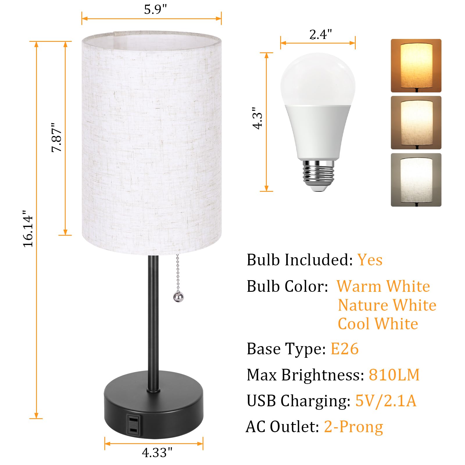Dott Arts Bedside Lamps For Bedrooms Set Of 2, Table Lamps For Nightstand With 3 Color Modes 2700K-5000K, Ac Outlet, Nightstand Lamp Night Lamp For Living Room/Reading Room